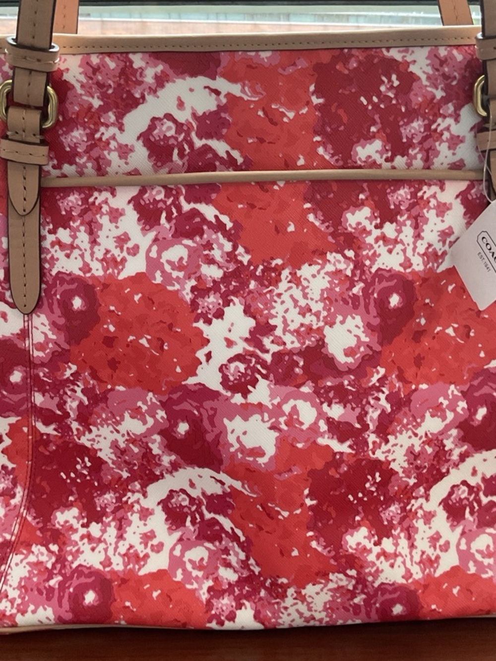 Coach Pink Red Floral Print Tote with Tan Straps - Picture 8 of 9